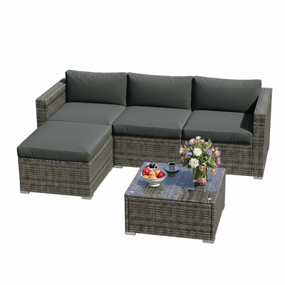 5 Pieces Outdoor Patio Furniture Set, Patio Sectional Furniture Set, All-Weather Wicker Rattan Patio Conversation Set with Washable Thick Cushions and Coffee Table, Outdoor Patio Sofa Couch Set, Grey