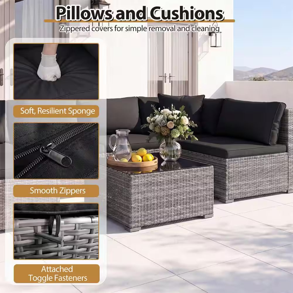 7-Piece Wicker Patio Outdoor Sectional Set Sofa with Cushionguard Black Cushions