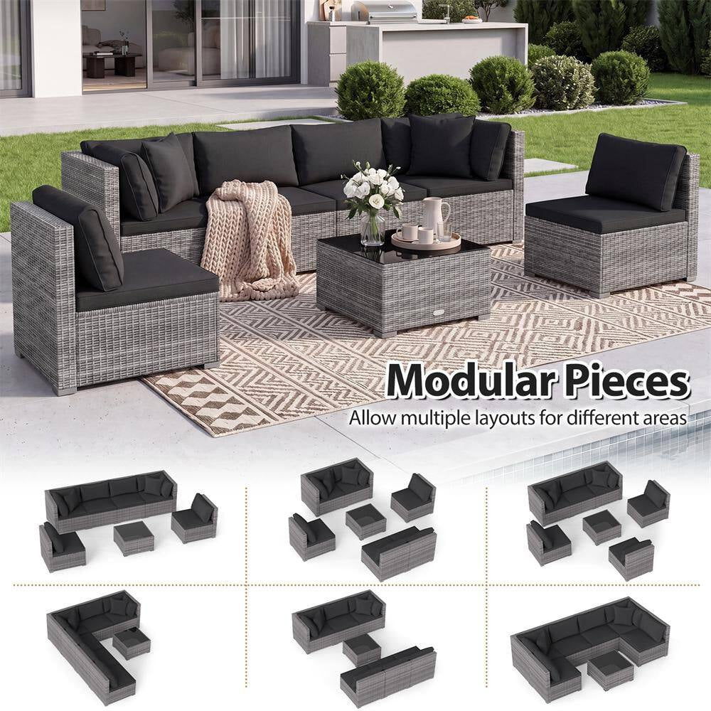 7-Piece Wicker Patio Outdoor Sectional Set Sofa with Cushionguard Black Cushions