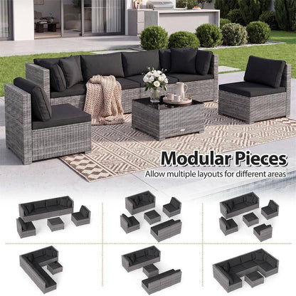 7-Piece Wicker Patio Outdoor Sectional Set Sofa with Cushionguard Black Cushions