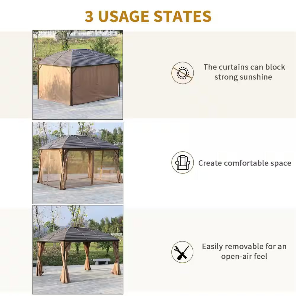 13 Ft. X 10 Ft. Steel Hardtop Gazebo with Screened Curtains, Black/Brown