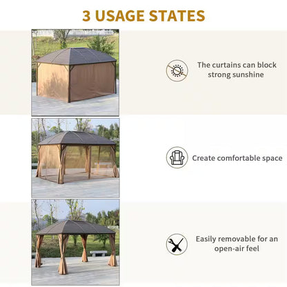13 Ft. X 10 Ft. Steel Hardtop Gazebo with Screened Curtains, Black/Brown
