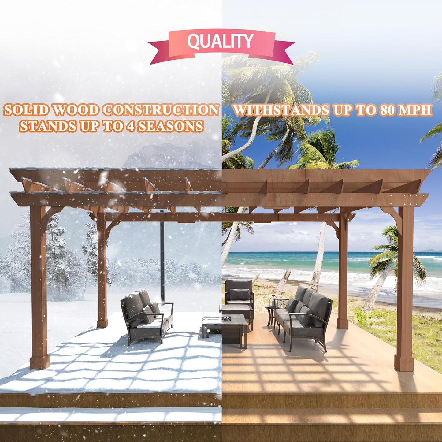 12X16 FT All Cedar Wood Wooden Pergola, Pergola Kit with Stakes, Quality Wood Supported Structure, Snow and Wind Supported, Outdoor Garden Shelter with Cedar Framed for Backyard, Deck, Lawn