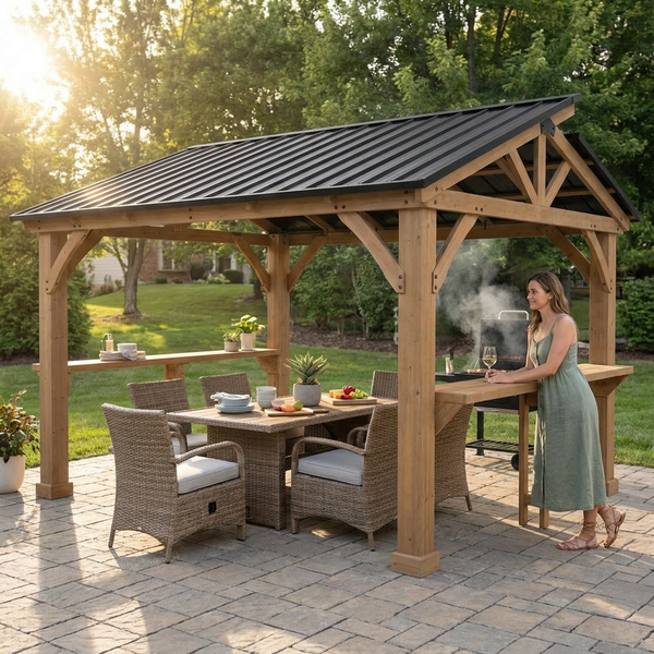 Outdoor Grill Gazebo Built for Backyard BBQ, 10x12 Ft Wooden Frame, Weather Resistant, Ventilation Design