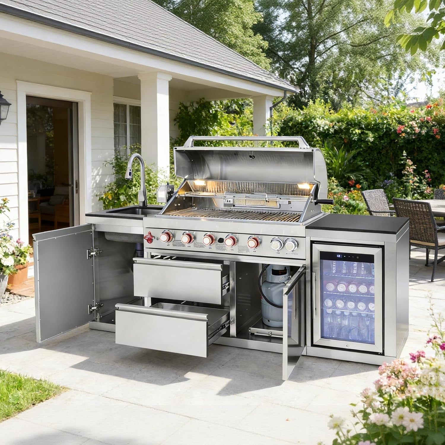 Outdoor Kitchen Island with Built in Grill, 6 Burner 83500 BTU Stainless Steel Gas Barbecue Island, Patio Cooking Station with Sink & Wine Cooler, Built in Grill Island for Backyard (Silver)