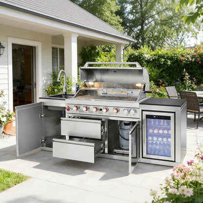 Outdoor Kitchen Island with Built in Grill, 6 Burner 83500 BTU Stainless Steel Gas Barbecue Island, Patio Cooking Station with Sink & Wine Cooler, Built in Grill Island for Backyard (Silver)