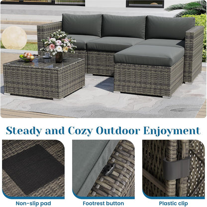 5 Pieces Outdoor Patio Furniture Set, Patio Sectional Furniture Set, All-Weather Wicker Rattan Patio Conversation Set with Washable Thick Cushions and Coffee Table, Outdoor Patio Sofa Couch Set, Grey