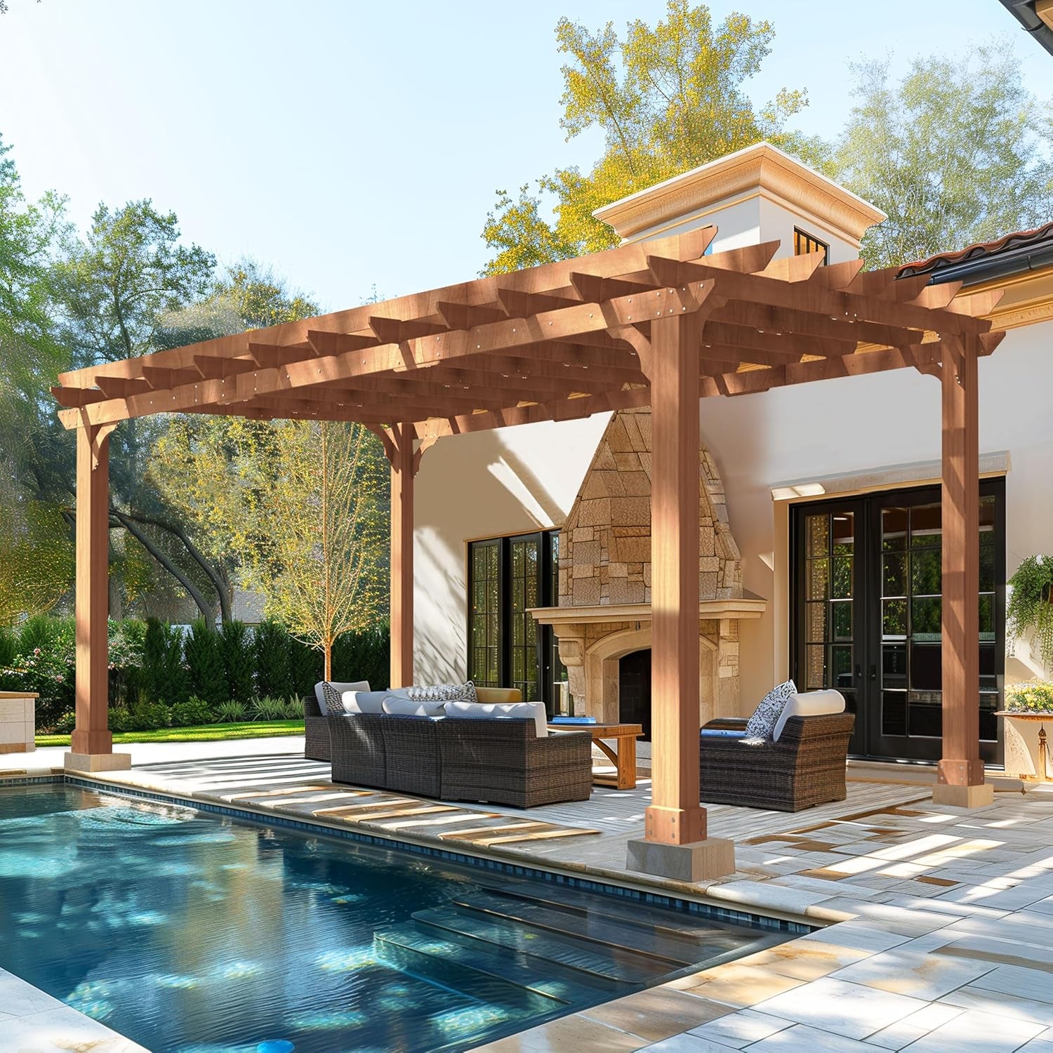 12X16 FT All Cedar Wood Wooden Pergola, Pergola Kit with Stakes, Quality Wood Supported Structure, Snow and Wind Supported, Outdoor Garden Shelter with Cedar Framed for Backyard, Deck, Lawn