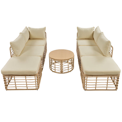7 Pieces Outdoor Patio Furniture, All-Weather Rattan Sectional Sofa Set with Thick Cushions and Pillows, Freely Combined Conversation Sets for Garden, Backyard, Balcony, Brown