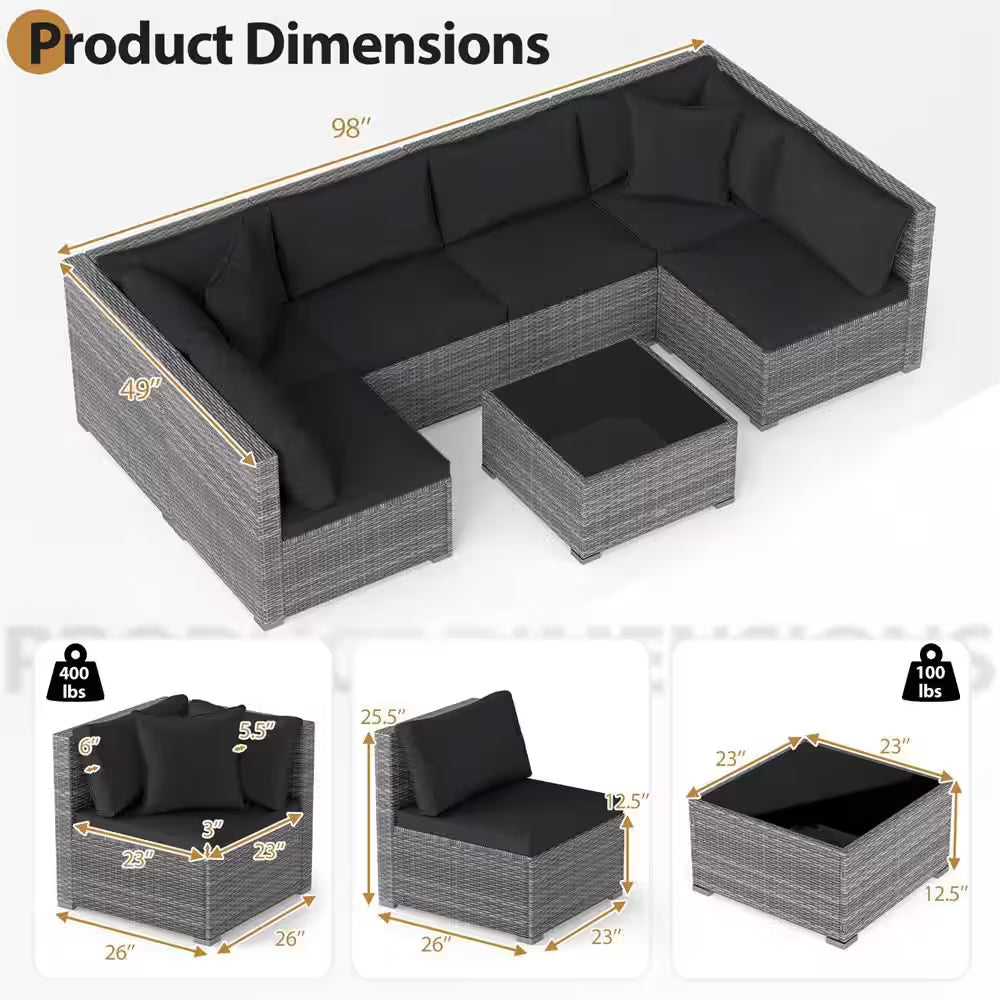 7-Piece Wicker Patio Outdoor Sectional Set Sofa with Cushionguard Black Cushions