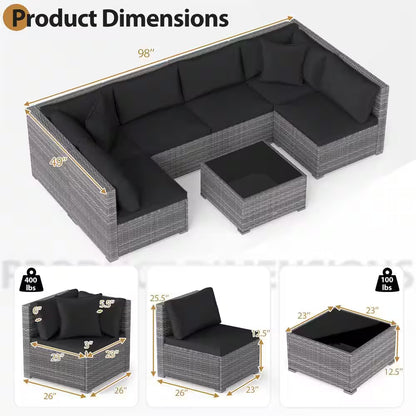 7-Piece Wicker Patio Outdoor Sectional Set Sofa with Cushionguard Black Cushions