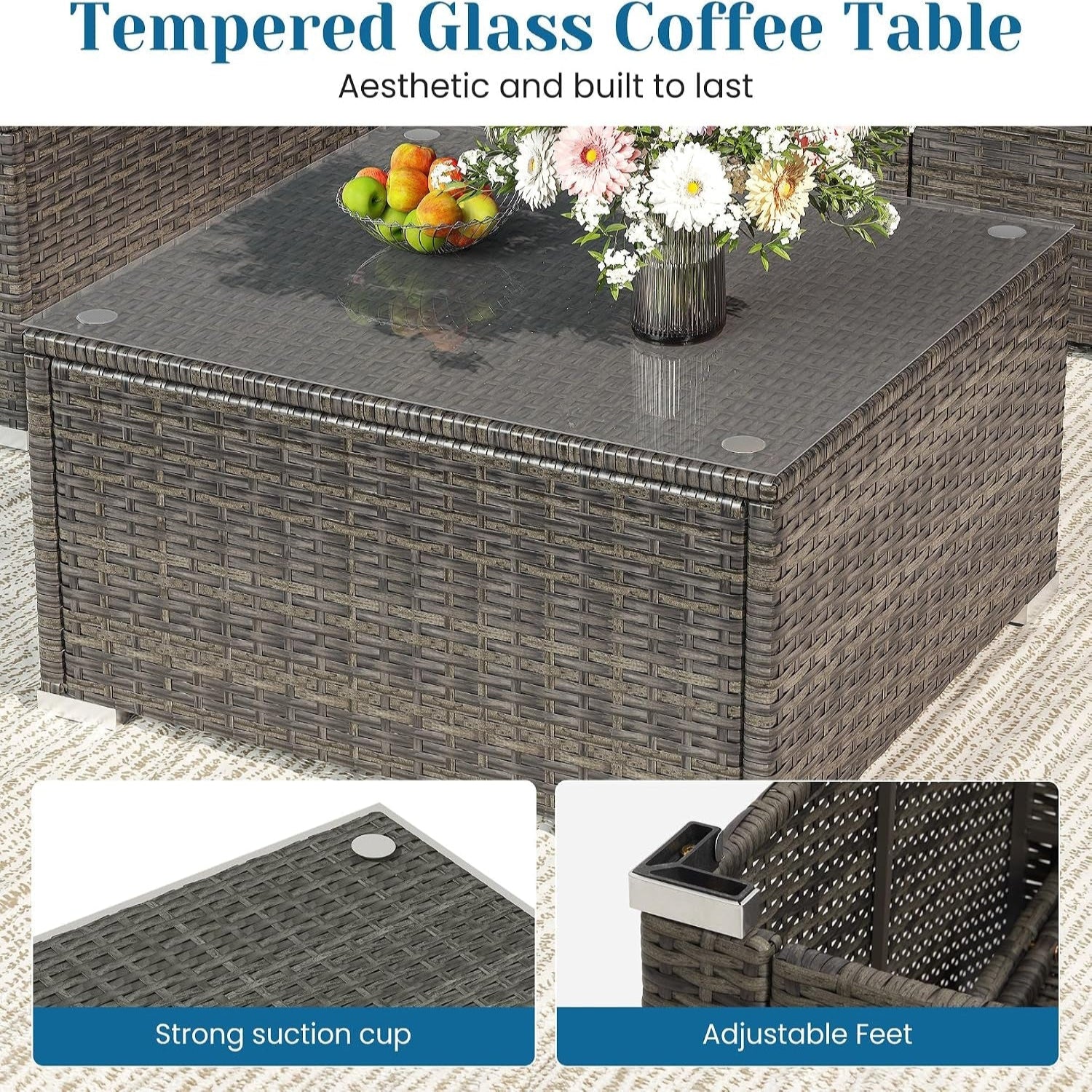 5 Pieces Outdoor Patio Furniture Set, Patio Sectional Furniture Set, All-Weather Wicker Rattan Patio Conversation Set with Washable Thick Cushions and Coffee Table, Outdoor Patio Sofa Couch Set, Grey