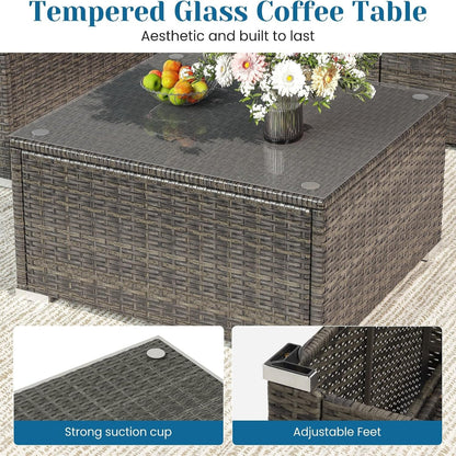 5 Pieces Outdoor Patio Furniture Set, Patio Sectional Furniture Set, All-Weather Wicker Rattan Patio Conversation Set with Washable Thick Cushions and Coffee Table, Outdoor Patio Sofa Couch Set, Grey