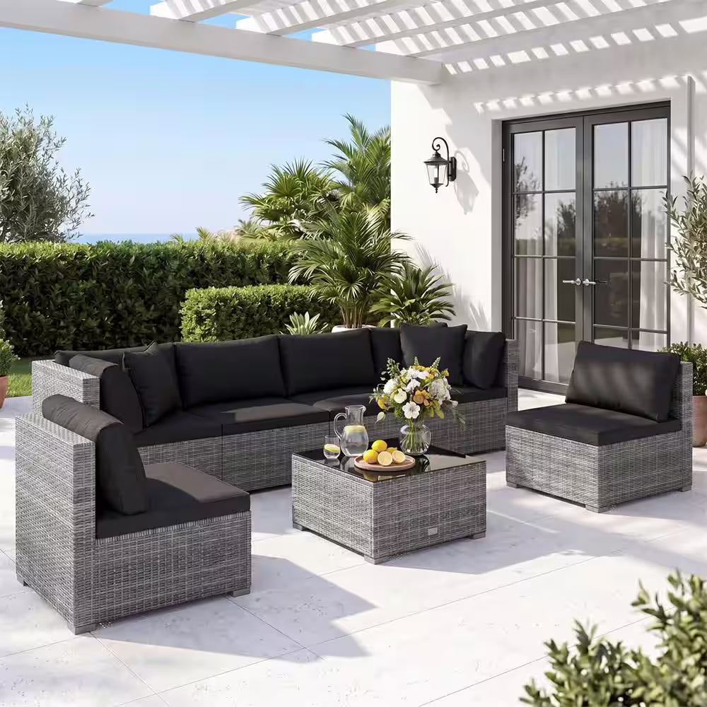 7-Piece Wicker Patio Outdoor Sectional Set Sofa with Cushionguard Black Cushions