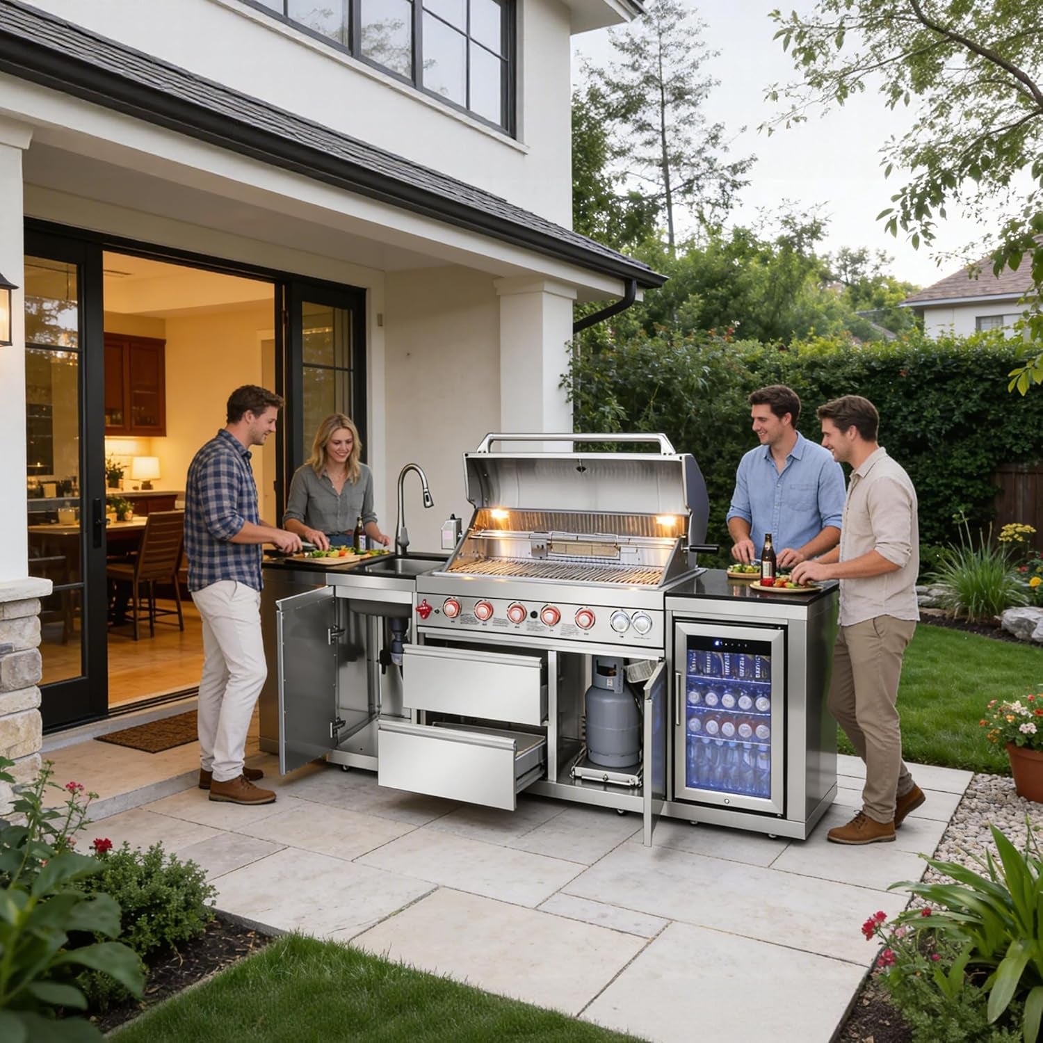 Outdoor Kitchen Island with Built in Grill, 6 Burner 83500 BTU Stainless Steel Gas Barbecue Island, Patio Cooking Station with Sink & Wine Cooler, Built in Grill Island for Backyard (Silver)