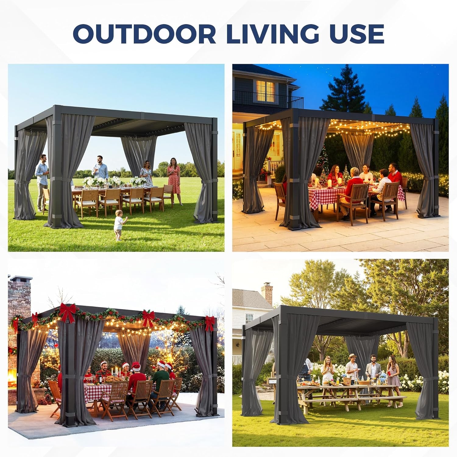 10' X 12' Louvered Pergola, Aluminum Frame Outdoor Pergola with Curtains & Netting, Adjustable Louvered Roof & Integrated Gutter System, Hardtop Patio Gazebo for Backyard, Patio, Garden, Dark Gray