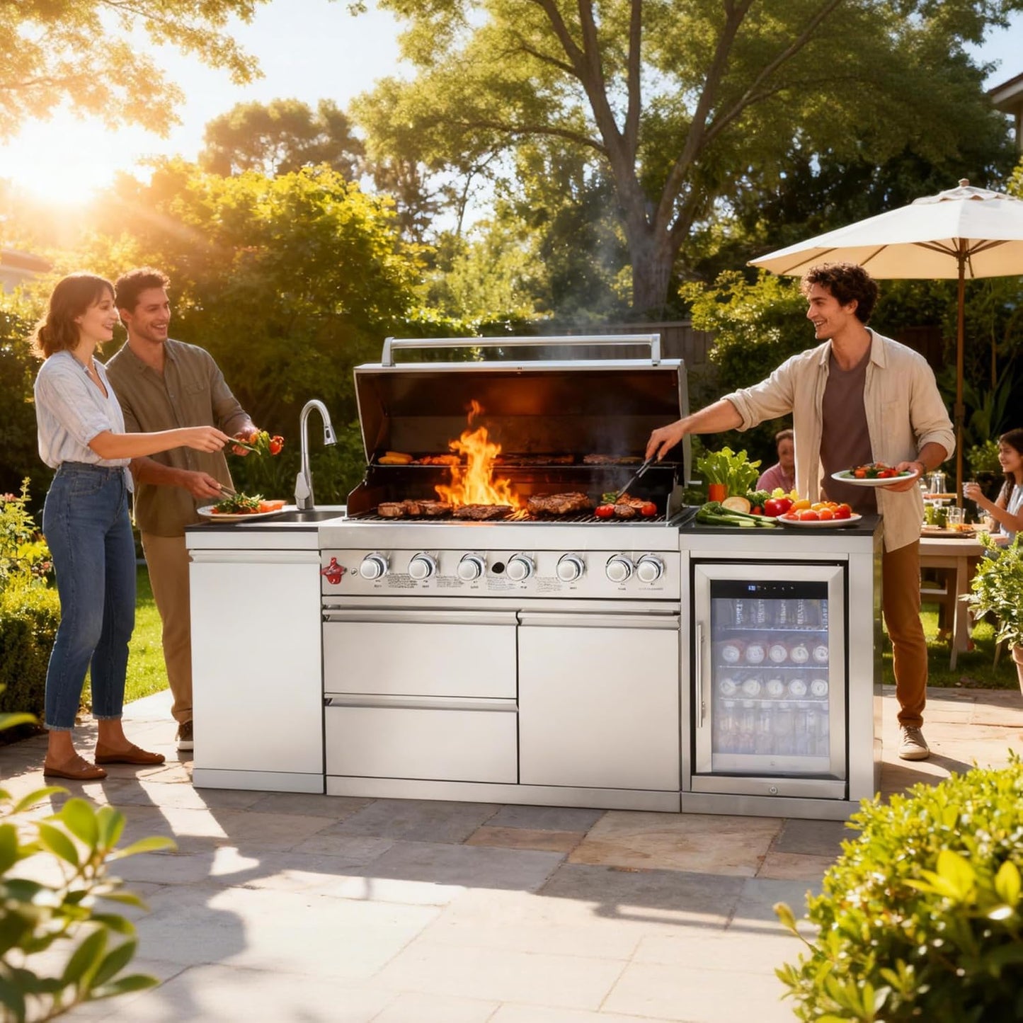 Outdoor Kitchen Island with Built in Grill, 6 Burner 83500 BTU Stainless Steel Gas Barbecue Island, Patio Cooking Station with Sink & Wine Cooler, Built in Grill Island for Backyard (Silver)