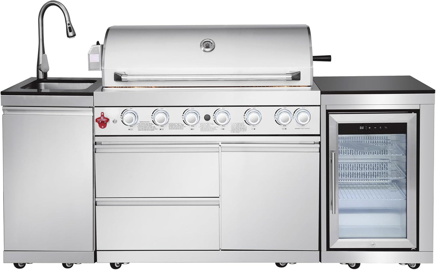 Outdoor Kitchen Island with Built in Grill, 6 Burner 83500 BTU Stainless Steel Gas Barbecue Island, Patio Cooking Station with Sink & Wine Cooler, Built in Grill Island for Backyard (Silver)