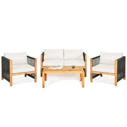 4 Pieces Acacia Wood Outdoor Patio Furniture Set with Cushions