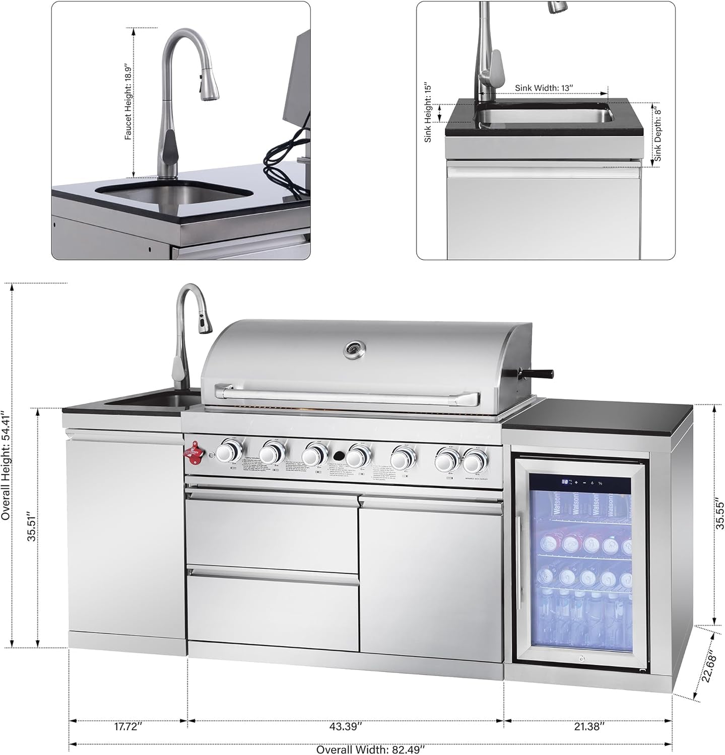 Outdoor Kitchen Island with Built in Grill, 6 Burner 83500 BTU Stainless Steel Gas Barbecue Island, Patio Cooking Station with Sink & Wine Cooler, Built in Grill Island for Backyard (Silver)