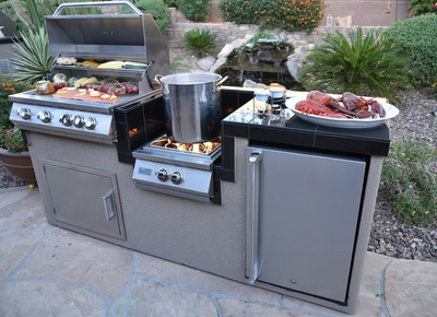 KoKoMo 7'6" Outdoor Kitchen Island Package | 4-Burner BBQ Grill, Power Burner & Refrigerator