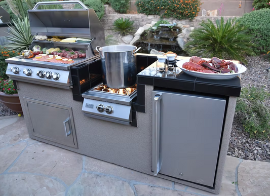 KoKoMo 7'6" Outdoor Kitchen Island Package | 4-Burner BBQ Grill, Power Burner & Refrigerator