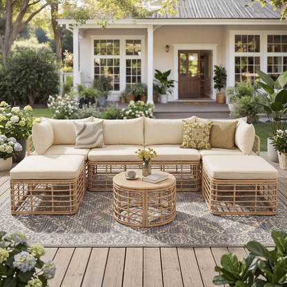 7 Pieces Outdoor Patio Furniture, All-Weather Rattan Sectional Sofa Set with Thick Cushions and Pillows, Freely Combined Conversation Sets for Garden, Backyard, Balcony, Brown