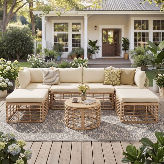 7 Pieces Outdoor Patio Furniture, All-Weather Rattan Sectional Sofa Set with Thick Cushions and Pillows, Freely Combined Conversation Sets for Garden, Backyard, Balcony, Brown