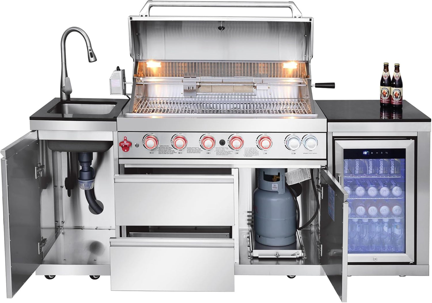 Outdoor Kitchen Island with Built in Grill, 6 Burner 83500 BTU Stainless Steel Gas Barbecue Island, Patio Cooking Station with Sink & Wine Cooler, Built in Grill Island for Backyard (Silver)