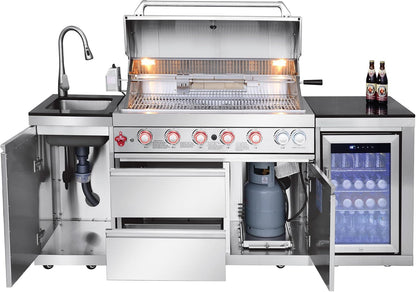 Outdoor Kitchen Island with Built in Grill, 6 Burner 83500 BTU Stainless Steel Gas Barbecue Island, Patio Cooking Station with Sink & Wine Cooler, Built in Grill Island for Backyard (Silver)