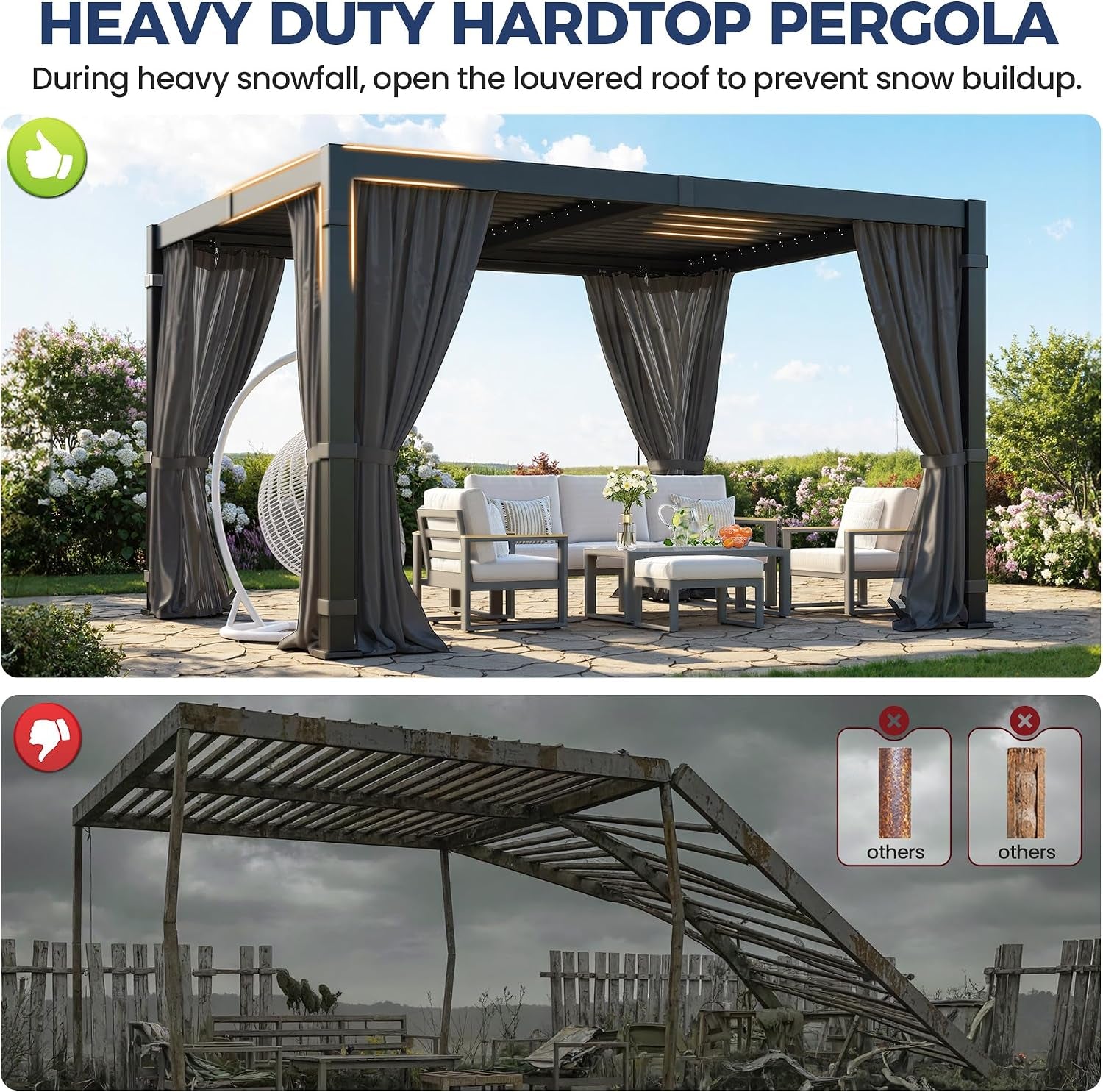 10' X 12' Louvered Pergola, Aluminum Frame Outdoor Pergola with Curtains & Netting, Adjustable Louvered Roof & Integrated Gutter System, Hardtop Patio Gazebo for Backyard, Patio, Garden, Dark Gray