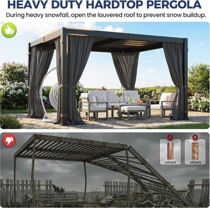 10' X 12' Louvered Pergola, Aluminum Frame Outdoor Pergola with Curtains & Netting, Adjustable Louvered Roof & Integrated Gutter System, Hardtop Patio Gazebo for Backyard, Patio, Garden, Dark Gray