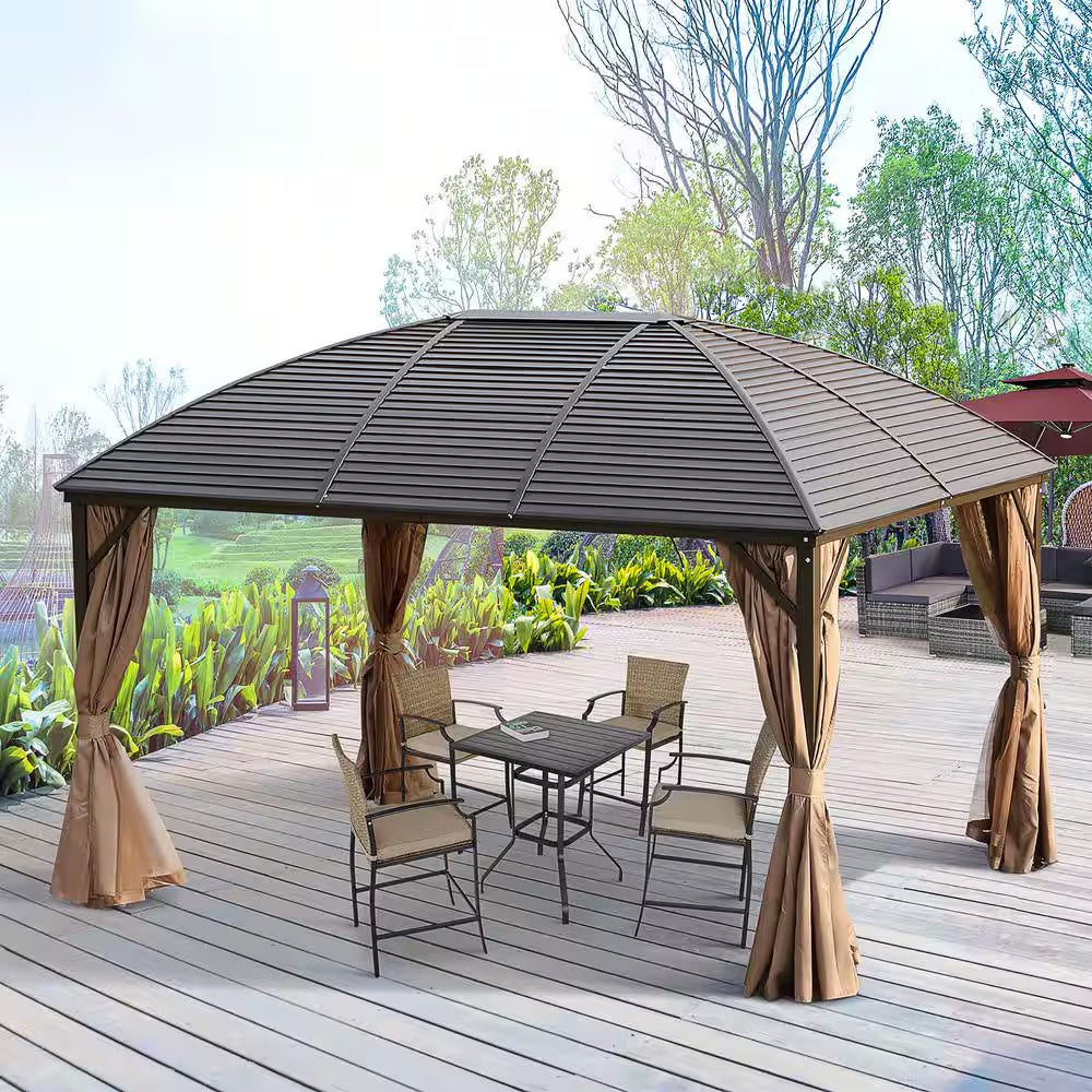 13 Ft. X 10 Ft. Steel Hardtop Gazebo with Screened Curtains, Black/Brown