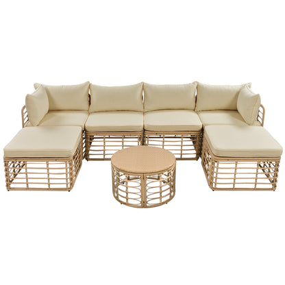 7 Pieces Outdoor Patio Furniture, All-Weather Rattan Sectional Sofa Set with Thick Cushions and Pillows, Freely Combined Conversation Sets for Garden, Backyard, Balcony, Brown