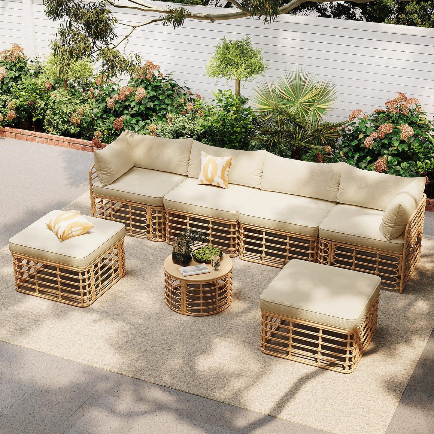 7 Pieces Outdoor Patio Furniture, All-Weather Rattan Sectional Sofa Set with Thick Cushions and Pillows, Freely Combined Conversation Sets for Garden, Backyard, Balcony, Brown