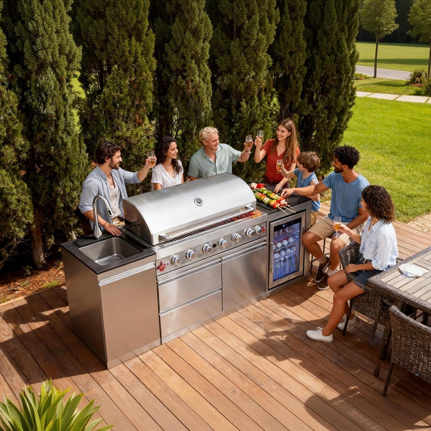 Outdoor Kitchen Island with Built in Grill, 6 Burner 83500 BTU Stainless Steel Gas Barbecue Island, Patio Cooking Station with Sink & Wine Cooler, Built in Grill Island for Backyard (Silver)