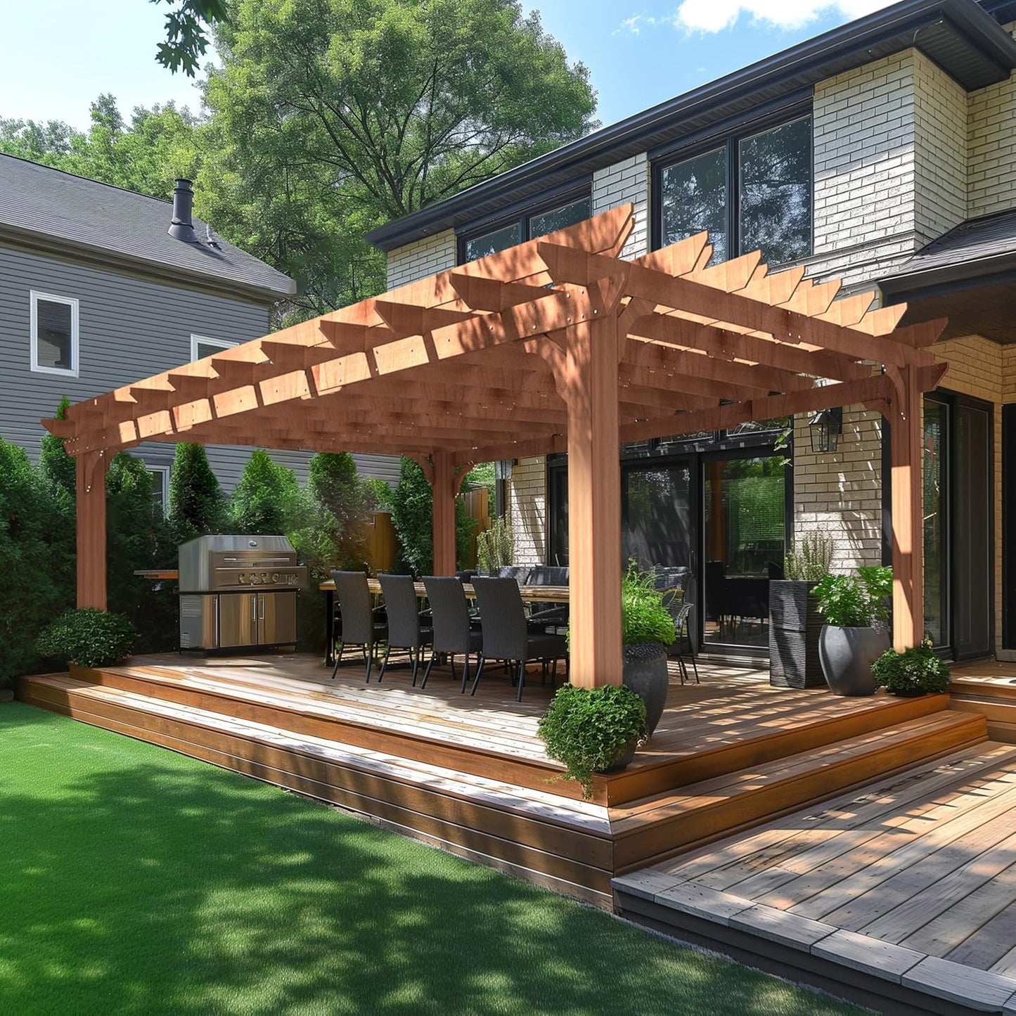 12X16 FT All Cedar Wood Wooden Pergola, Pergola Kit with Stakes, Quality Wood Supported Structure, Snow and Wind Supported, Outdoor Garden Shelter with Cedar Framed for Backyard, Deck, Lawn