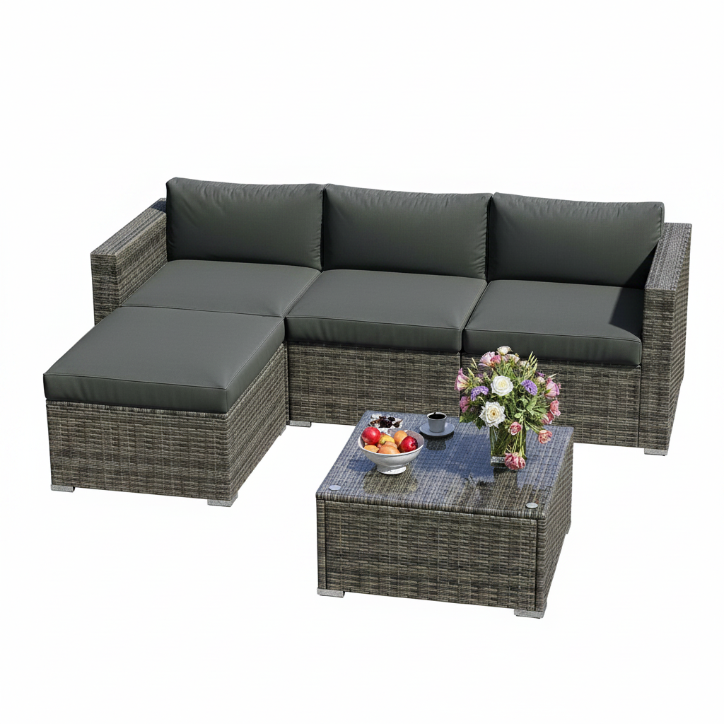 5 Pieces Outdoor Patio Furniture Set, Patio Sectional Furniture Set, All-Weather Wicker Rattan Patio Conversation Set with Washable Thick Cushions and Coffee Table, Outdoor Patio Sofa Couch Set, Grey