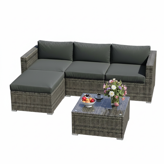 5 Pieces Outdoor Patio Furniture Set, Patio Sectional Furniture Set, All-Weather Wicker Rattan Patio Conversation Set with Washable Thick Cushions and Coffee Table, Outdoor Patio Sofa Couch Set, Grey