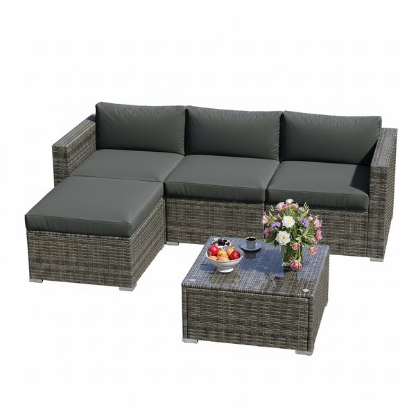 5 Pieces Outdoor Patio Furniture Set, Patio Sectional Furniture Set, All-Weather Wicker Rattan Patio Conversation Set with Washable Thick Cushions and Coffee Table, Outdoor Patio Sofa Couch Set, Grey