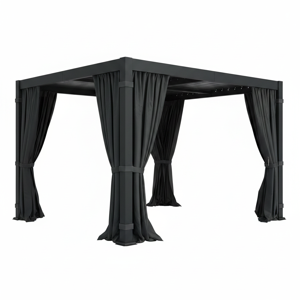 10' X 12' Louvered Pergola, Aluminum Frame Outdoor Pergola with Curtains & Netting, Adjustable Louvered Roof & Integrated Gutter System, Hardtop Patio Gazebo for Backyard, Patio, Garden, Dark Gray