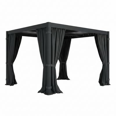 10' X 12' Louvered Pergola, Aluminum Frame Outdoor Pergola with Curtains & Netting, Adjustable Louvered Roof & Integrated Gutter System, Hardtop Patio Gazebo for Backyard, Patio, Garden, Dark Gray