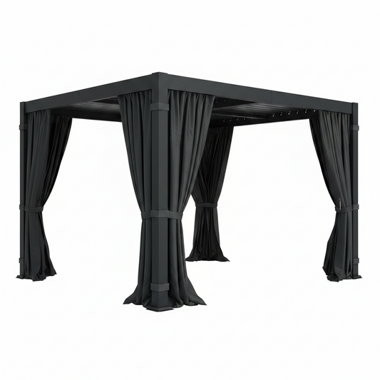 10' X 12' Louvered Pergola, Aluminum Frame Outdoor Pergola with Curtains & Netting, Adjustable Louvered Roof & Integrated Gutter System, Hardtop Patio Gazebo for Backyard, Patio, Garden, Dark Gray