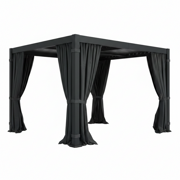 10' X 12' Louvered Pergola, Aluminum Frame Outdoor Pergola with Curtains & Netting, Adjustable Louvered Roof & Integrated Gutter System, Hardtop Patio Gazebo for Backyard, Patio, Garden, Dark Gray